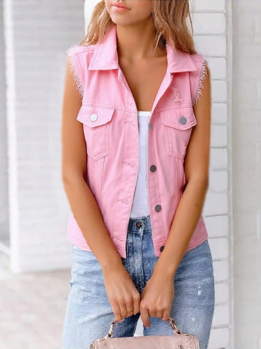 Full Size Sleeveless Frayed Denim Vest Jacket Plus Size - Tigbul's Variety Fashion Shop