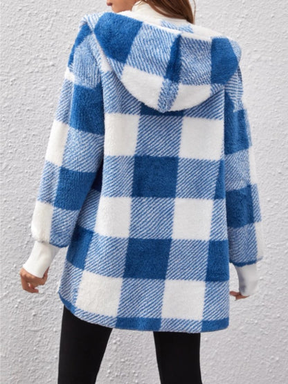 Plaid Long Sleeve Hooded Coat - Tigbul's Variety Fashion Shop