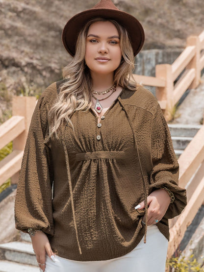 Plus Size Tie Neck Long Sleeve Blouse - Tigbul's Variety Fashion Shop