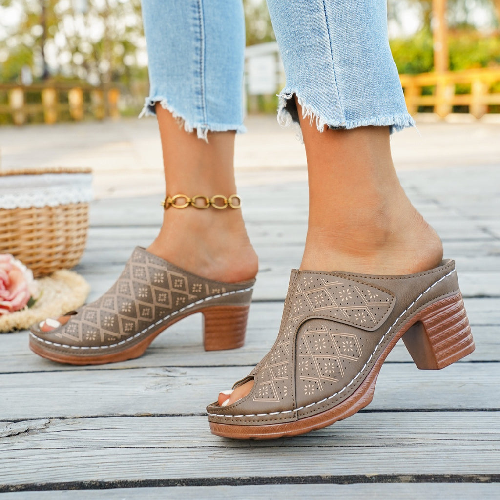 Tan peep-toe block-heel sandals, chunky heel and geometric back straps