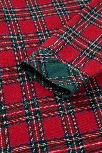 Plaid Contrast Patched Christmas Holiday Long Sleeve Shirt and Short 2pcs Pajama Set - Tigbul's Variety Fashion Shop