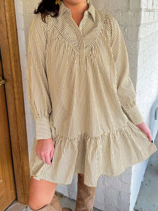 Stripe Collared Neck Cuffed Long Sleeve Drop Waist Mini Dress - Tigbul's Variety Fashion Shop