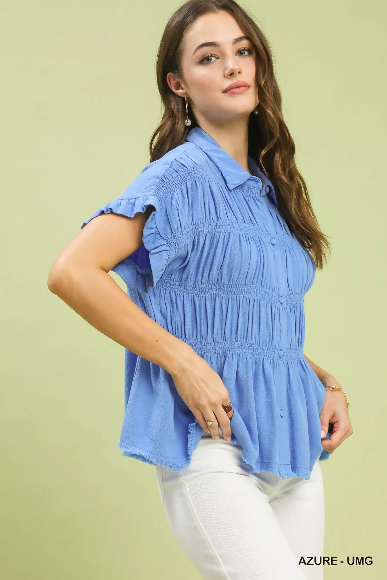 Azure smocked linen-blend shirt with short ruffle sleeves and button front