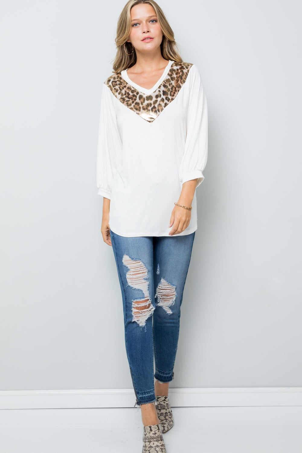 Celeste Full Size Leopard Contrast Balloon Sleeve Top - Tigbul's Variety Fashion Shop