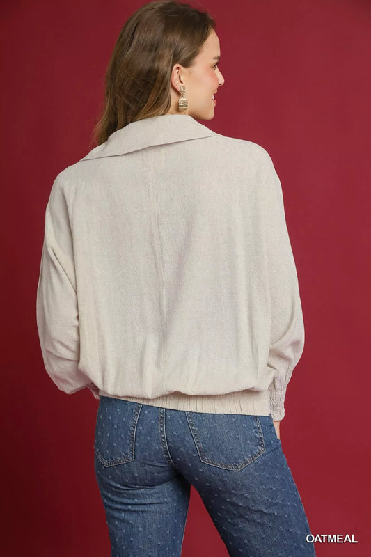 Umgee Linen Long Sleeves Elastic Hem Blouse - Tigbul's Variety Fashion Shop
