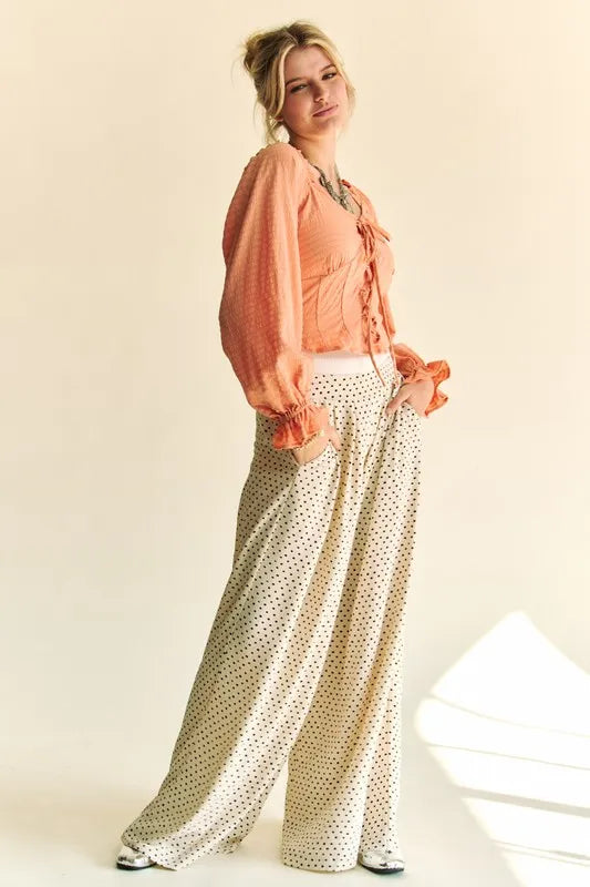 Peach Color Strap Front Corset Look Long Puff Sleeve Blouse - Tigbul's Variety Fashion Shop