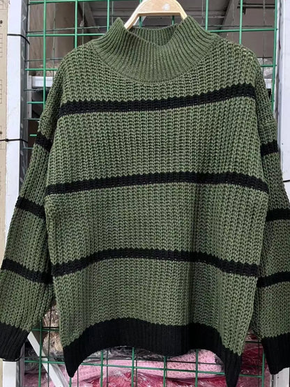 Full Size Striped Mock Neck Knit Sweater Plus Size - Tigbul's Variety Fashion Shop