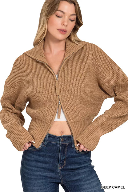 Zenana Ribbed Collared Zip Up Sweater Cardigan - Tigbul's Variety Fashion Shop