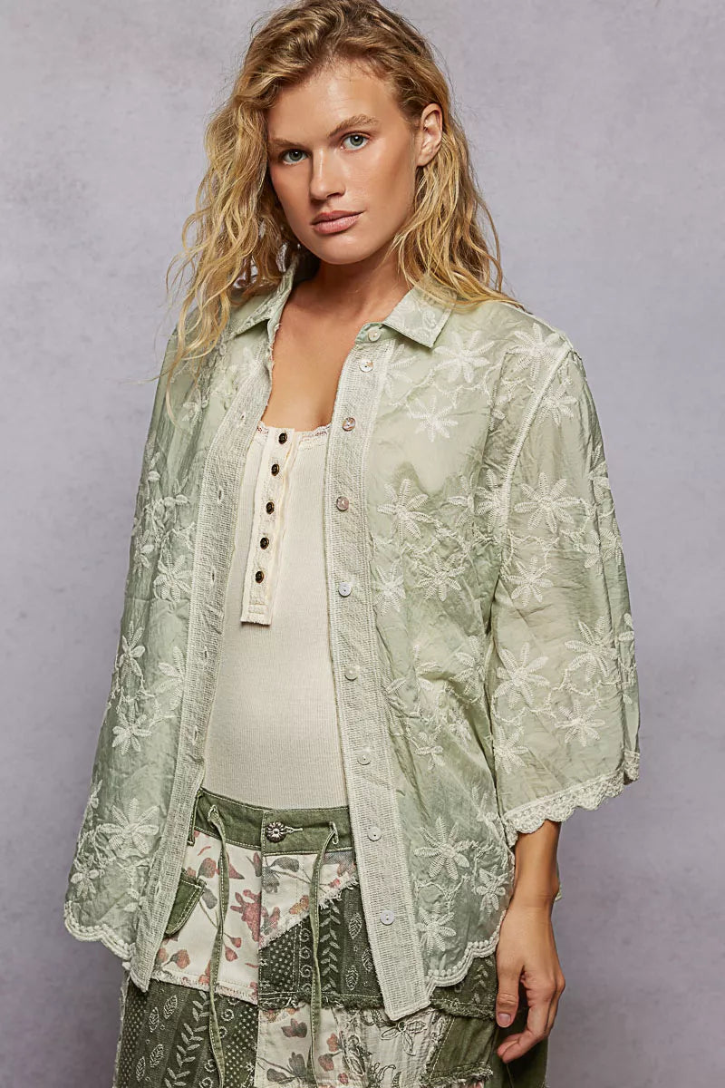 POL Embroidered Floral Collared Neck Shirt with Scalloped Edges - Tigbul's Variety Fashion Shop