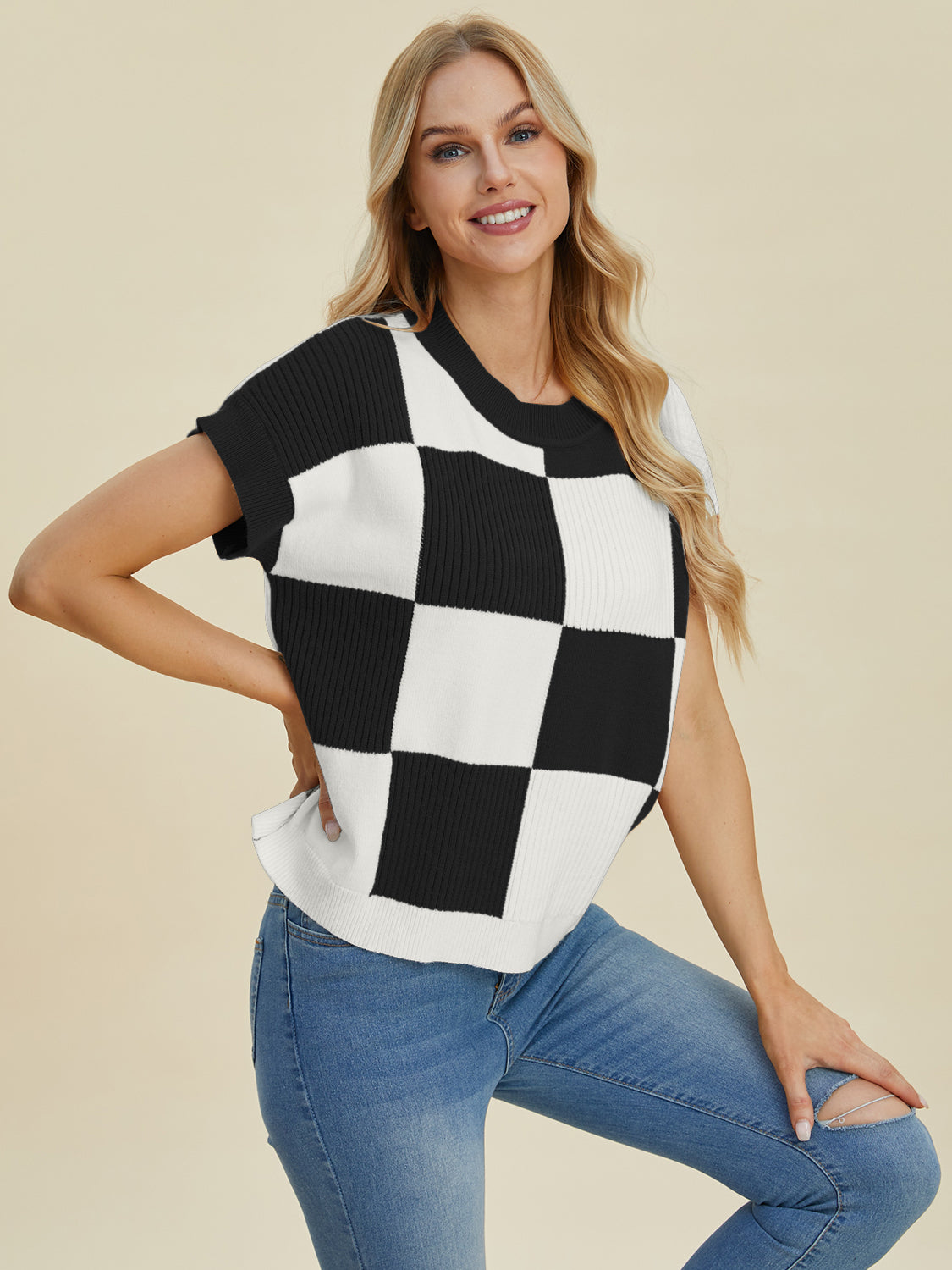 Double Take Full Size Checkered Round Neck Short Sleeve Sweater - Tigbul's Variety Fashion Shop
