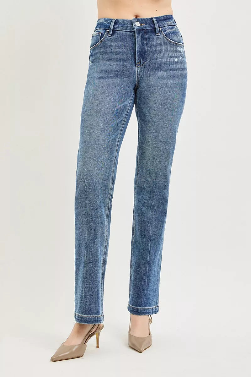 Medium-wash straight jeans, front view, mid-rise waist and stitched crease line