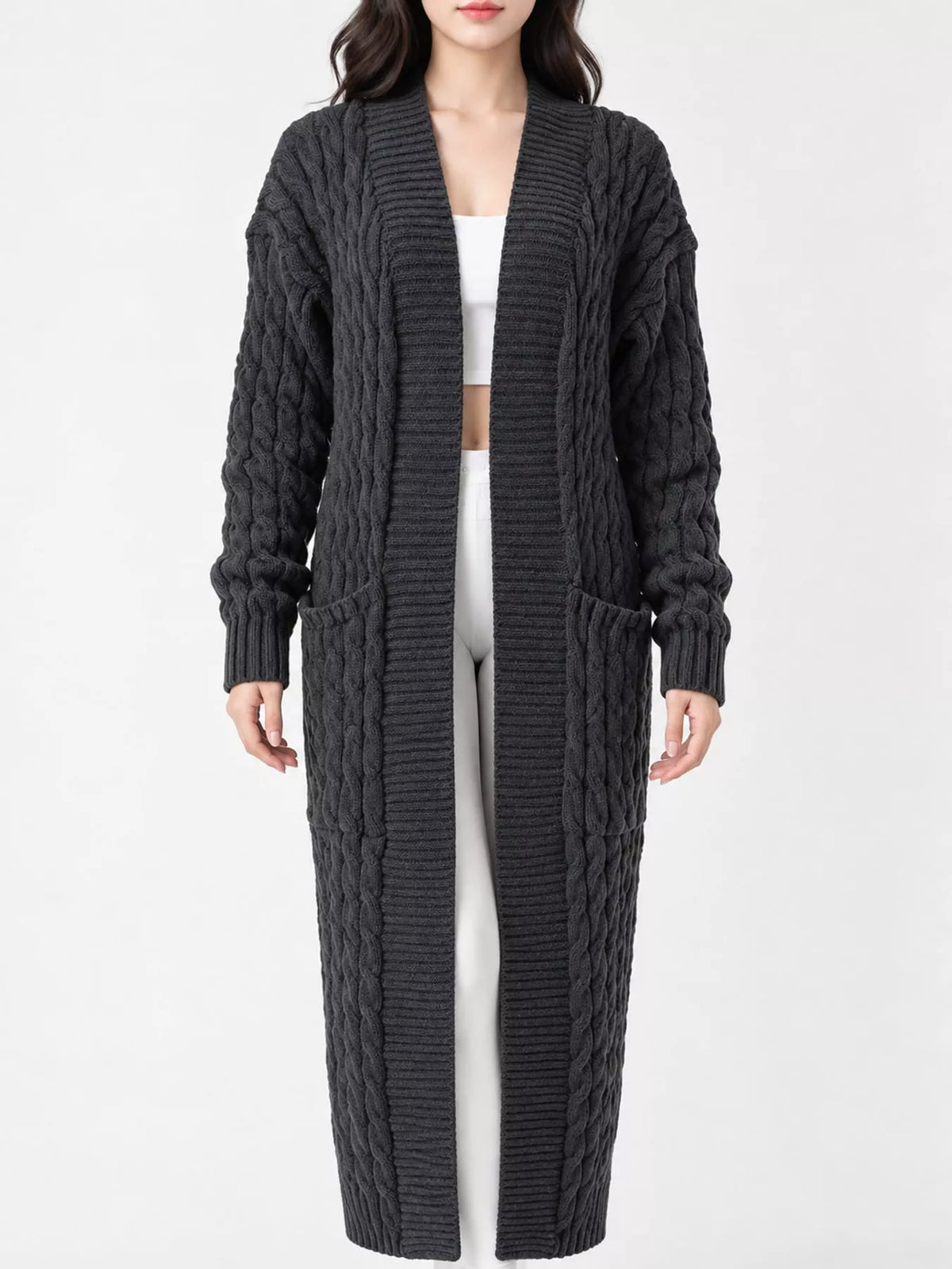 Elegant Cable-Knit Longline Open-Front Cardigan | Tigbuls Variety