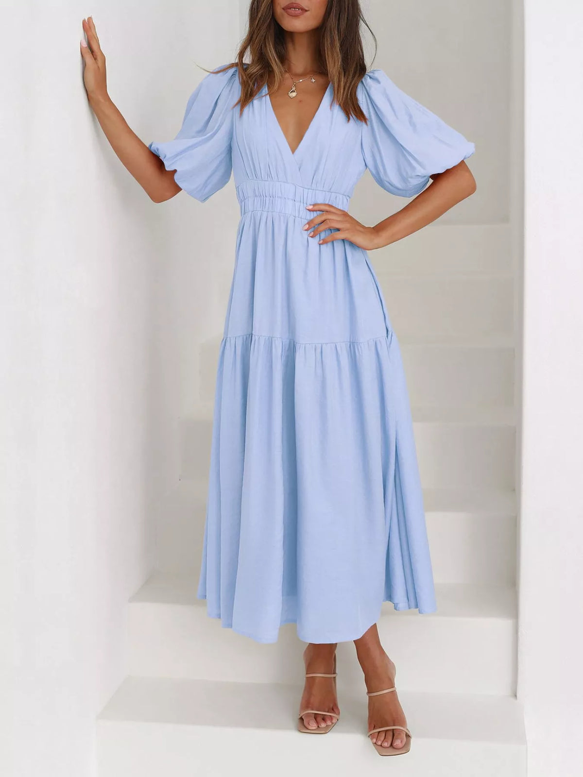 Elegant Puff Sleeve V-Neck Midi Dress | Tigbuls Variety Fashion Shop