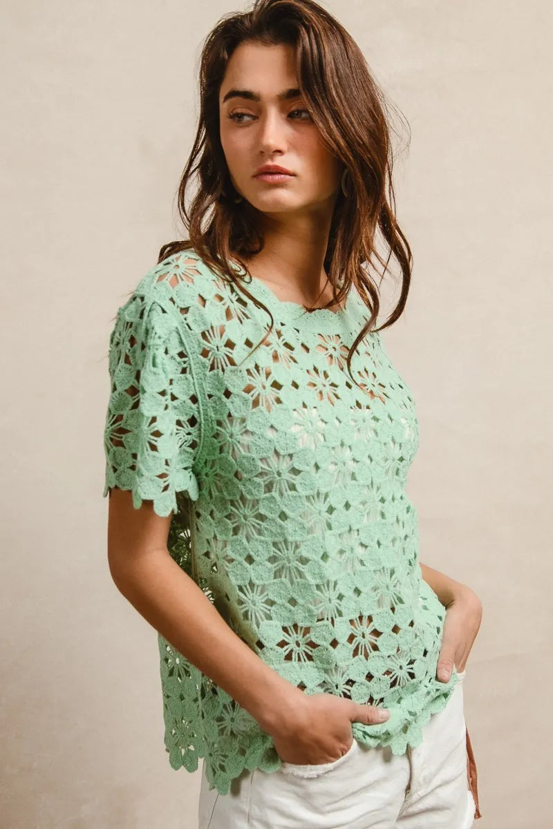 BiBi Openwork Crochet Short Sleeve Knit Top - Tigbul's Variety Fashion Shop