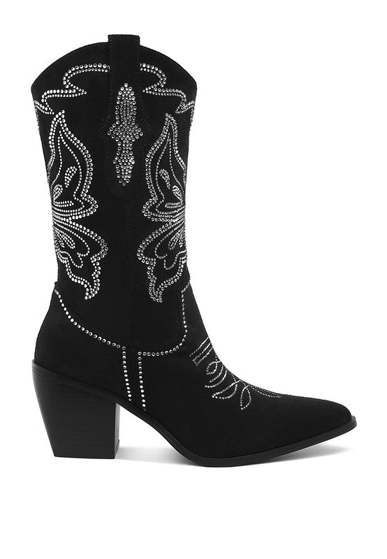 Latafa Rhinestones Embellished Cowboy Boots - Tigbul's Variety Fashion Shop