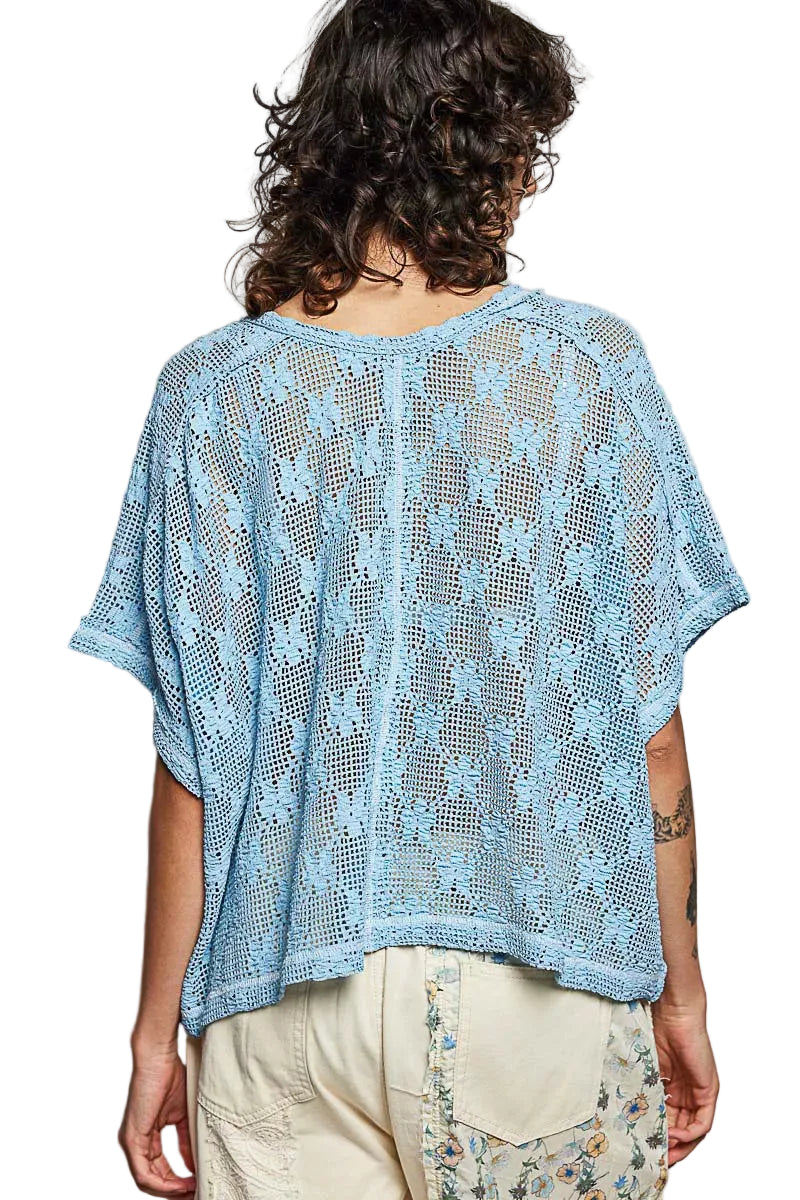 Blue crochet lace short sleeve top, back view with openwork pattern and wide hem