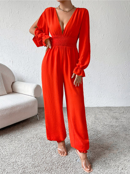 Size Medium Red/Orange Smocked Long Sleeve Jumpsuit | Tigbuls