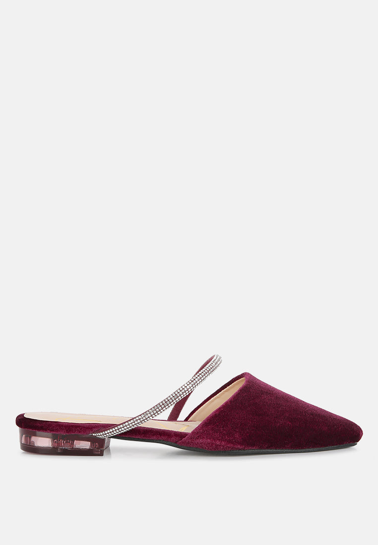 Burgundy velvet flat mules with diamante trim slingback strap