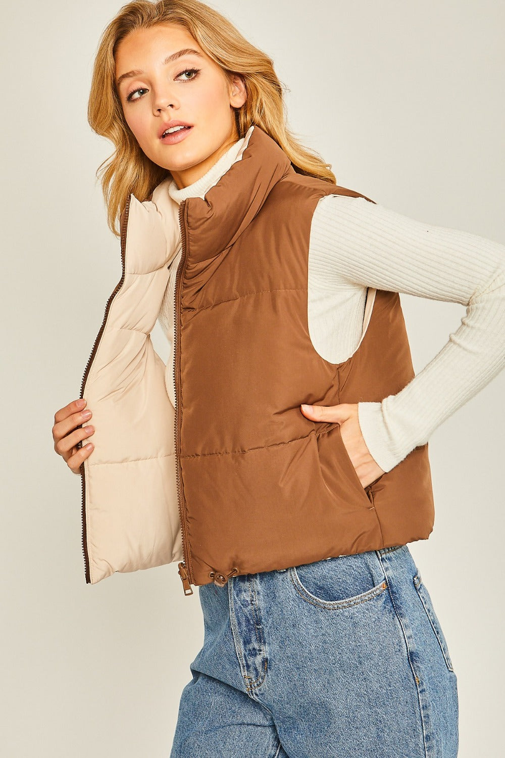 Love Tree Zip Up Cropped Contrast Reversible Vest - Tigbul's Variety Fashion Shop