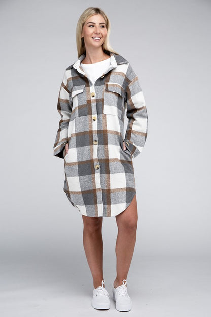 Plaid Flap Pocket Drop Shoulder Shirt - Tigbul's Variety Fashion Shop