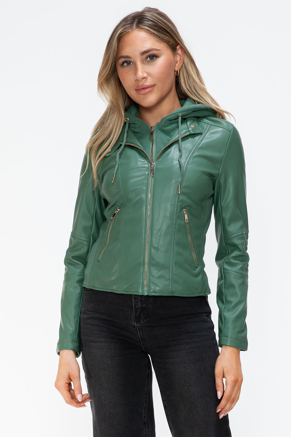 Faux Leather Zip Up Drawstring Hooded Jacket in Sage Green