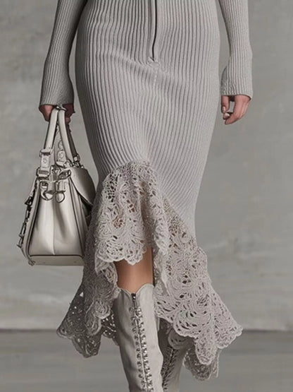 Hooded Ribbed Knit Lace Hem Midi Dress - Tigbul's Variety Fashion Shop
