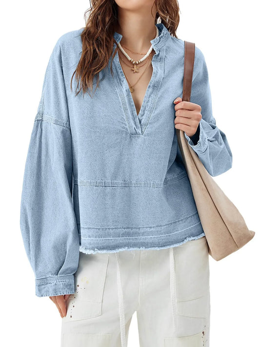 Raw Hem Long Sleeve Denim Top - Tigbul's Variety Fashion Shop