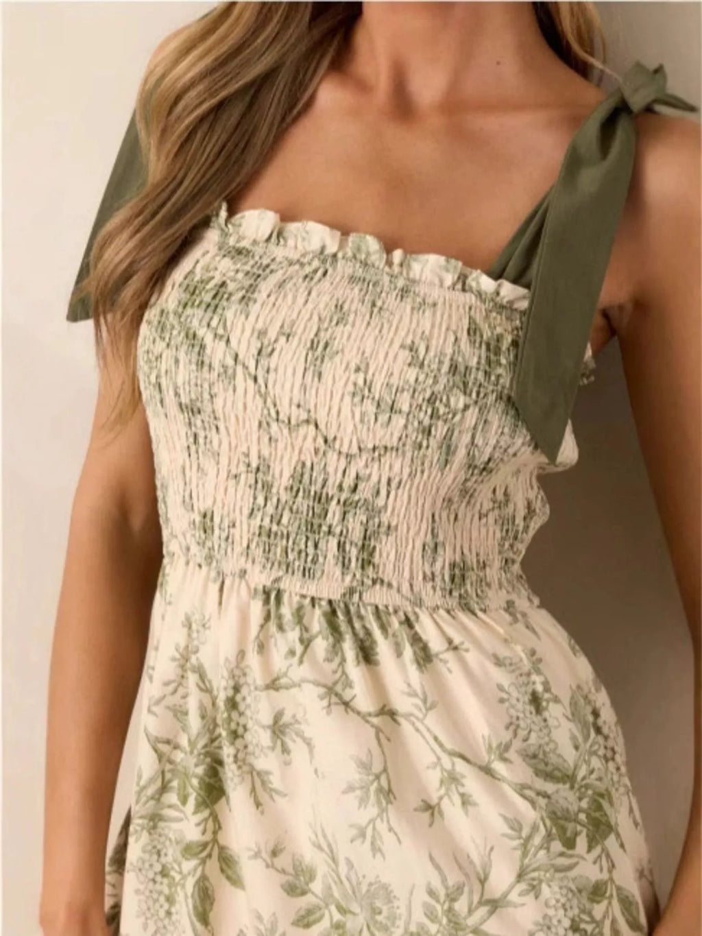 Floral tiered midi dress bodice with elastic smocking and sage tie shoulder straps