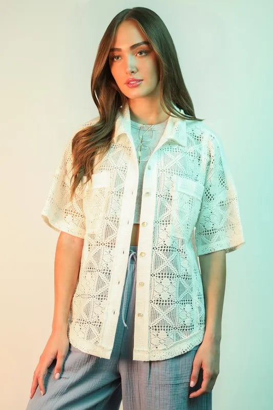 White Plus Size Oversized Crochet Button Down Shirt Top - Tigbul's Variety Fashion Shop