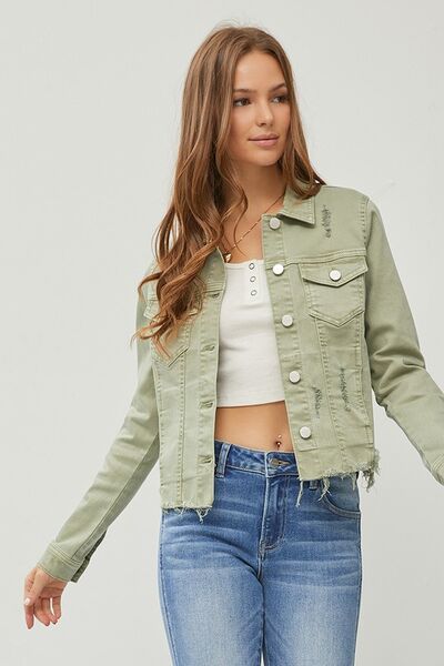 Sage Green Raw Hem Button Up Cropped Denim Jacket Plus Size - Tigbul's Variety Fashion Shop