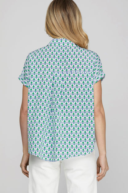 She + Sky Full Size Printed Johnny Collar Short Sleeve Blouse Plus Size - Tigbul's Variety Fashion Shop