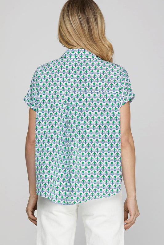 She + Sky Full Size Printed Johnny Collar Short Sleeve Blouse Plus Size - Tigbul's Variety Fashion Shop