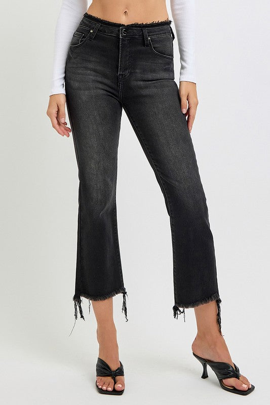 Black Raw Hem Cropped Flare Jeans - Tigbul's Variety Fashion Shop