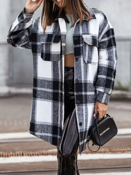 Button Down Collared Neck Plaid Flannel Shacket - Tigbul's Variety Fashion Shop
