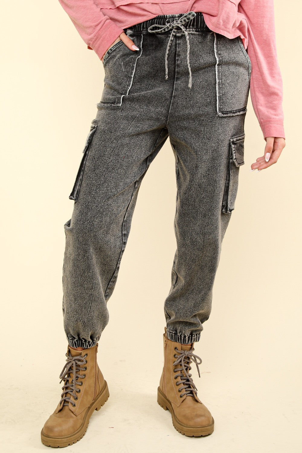 VERY J Washed Drawstring Jogger Cargo Jeans - Tigbul's Variety Fashion Shop