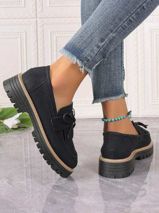 PU Leather Bow Platform Loafers - Tigbul's Variety Fashion Shop