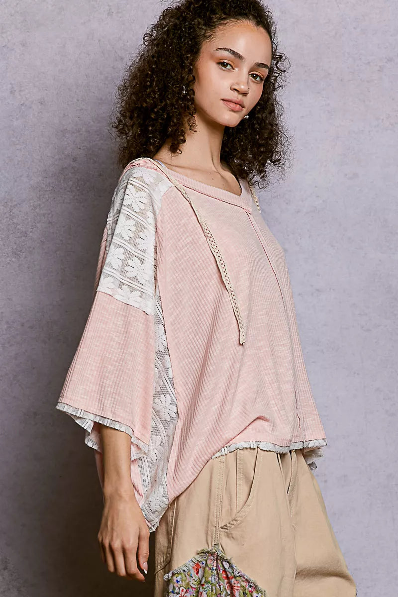 POL Short Sleeve Hoodie Top with Lace Detail - Tigbul's Variety Fashion Shop