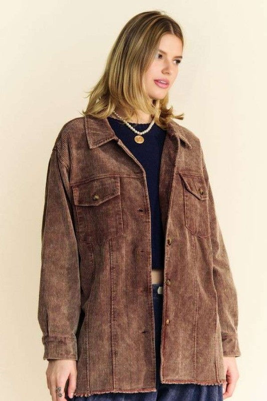 Dark Brown Washed Look Corduroy Raw Hem Button Up Jacket - Tigbul's Variety Fashion Shop