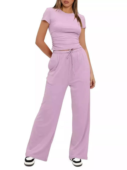 Round Neck Short Sleeve T-Shirt and Pants Set - Tigbul's Variety Fashion Shop
