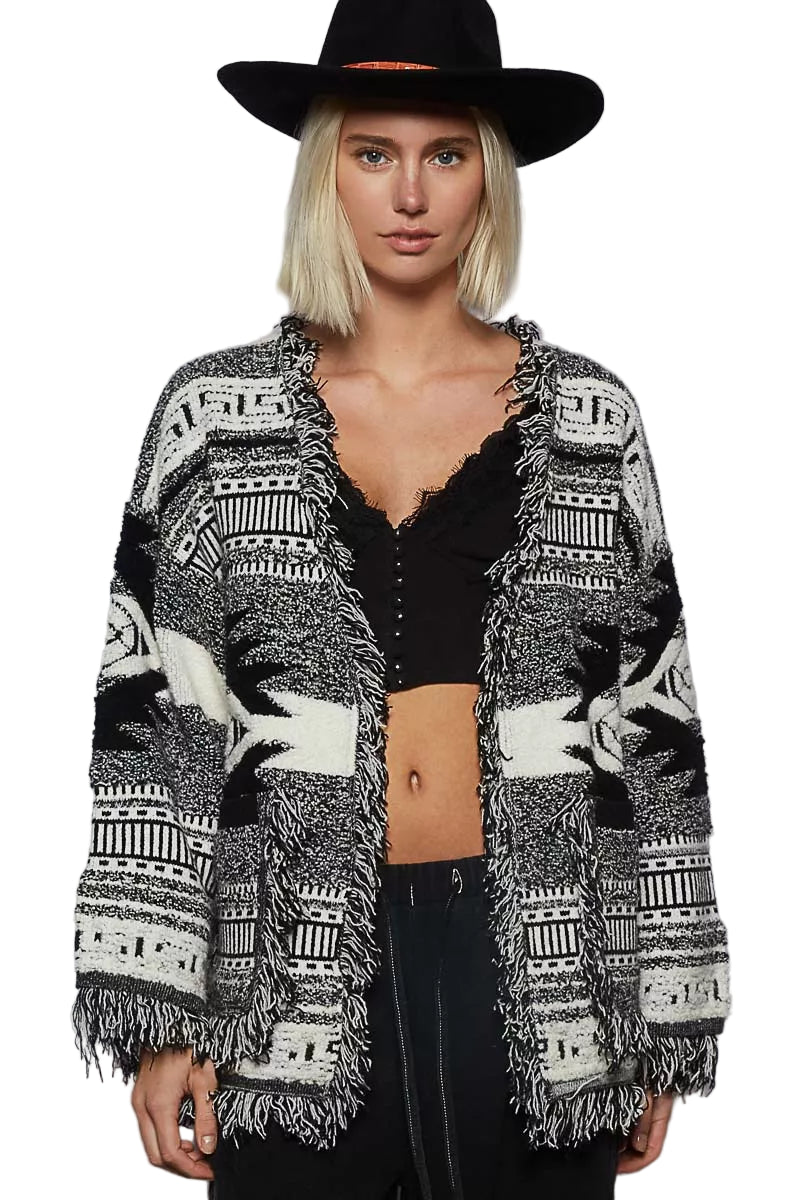 POL Open Front Black Geometric Print Cardigan with Fringe Detail - Tigbuls