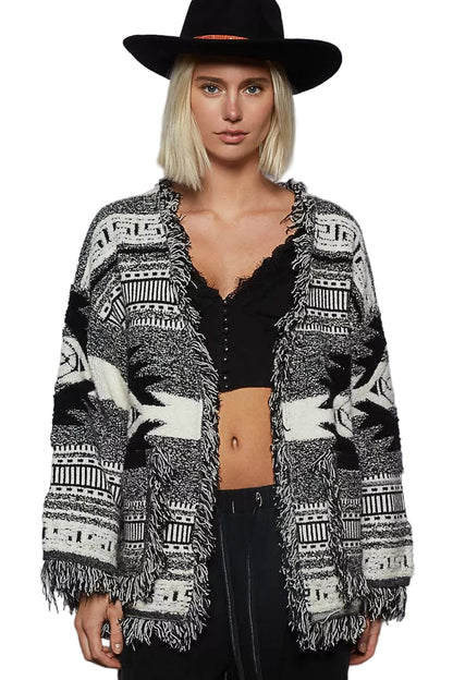 POL Open Front Black Geometric Print Cardigan with Fringe Detail - Tigbuls