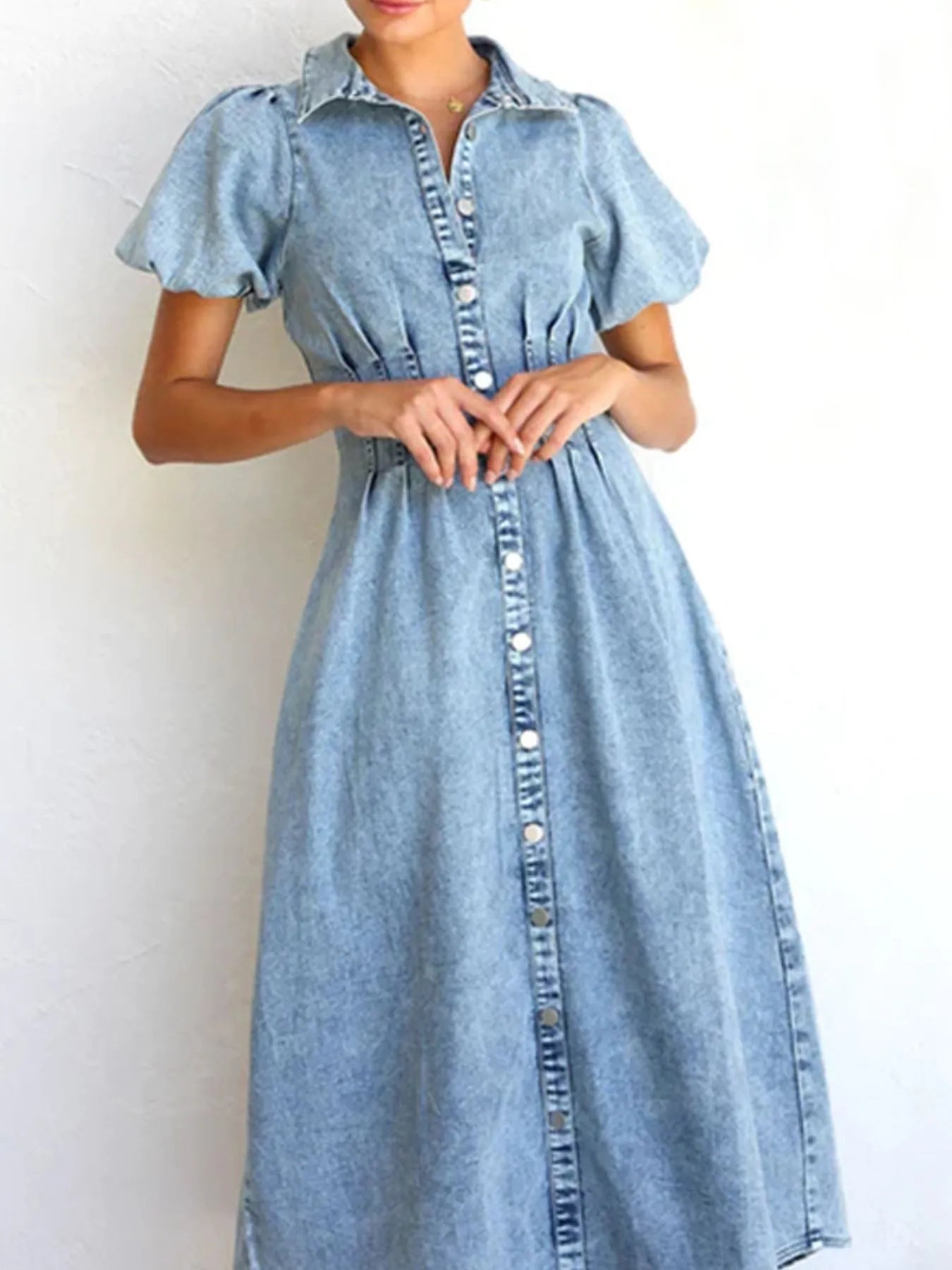 Puff Sleeve Button Front Denim Midi Dress - Tigbul's Variety Fashion Shop