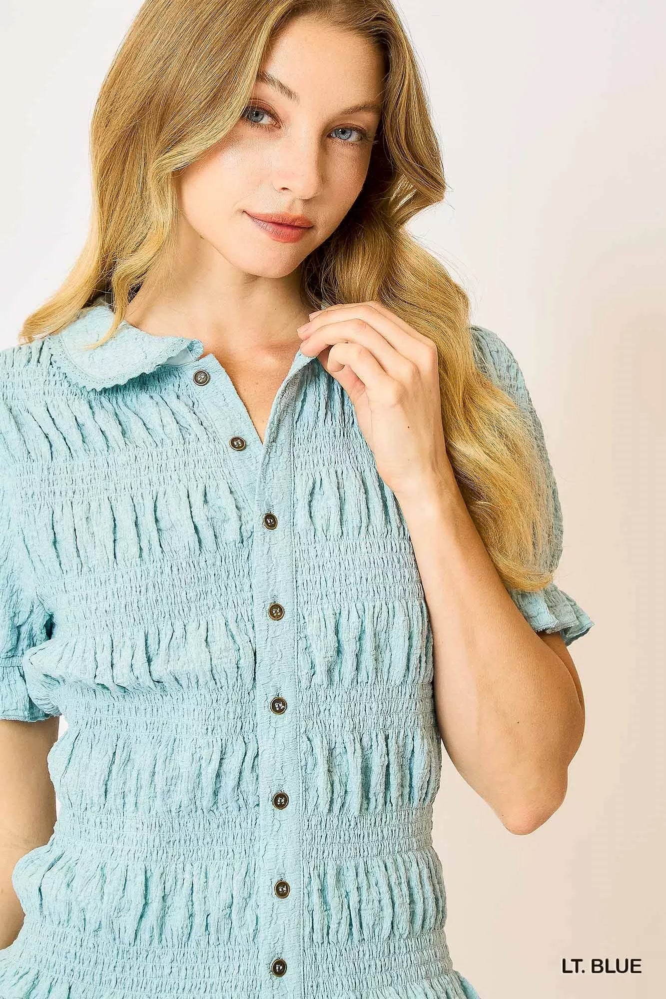 Umgee Smocked Short Sleeve Button-Front Shirt with Peter Pan Collar - Tigbul's Variety Fashion Shop