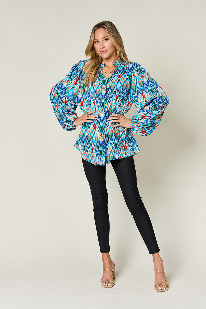 Blue Printed Balloon Sleeve Blouse Small up to 3XL - Tigbul's Variety Fashion Shop