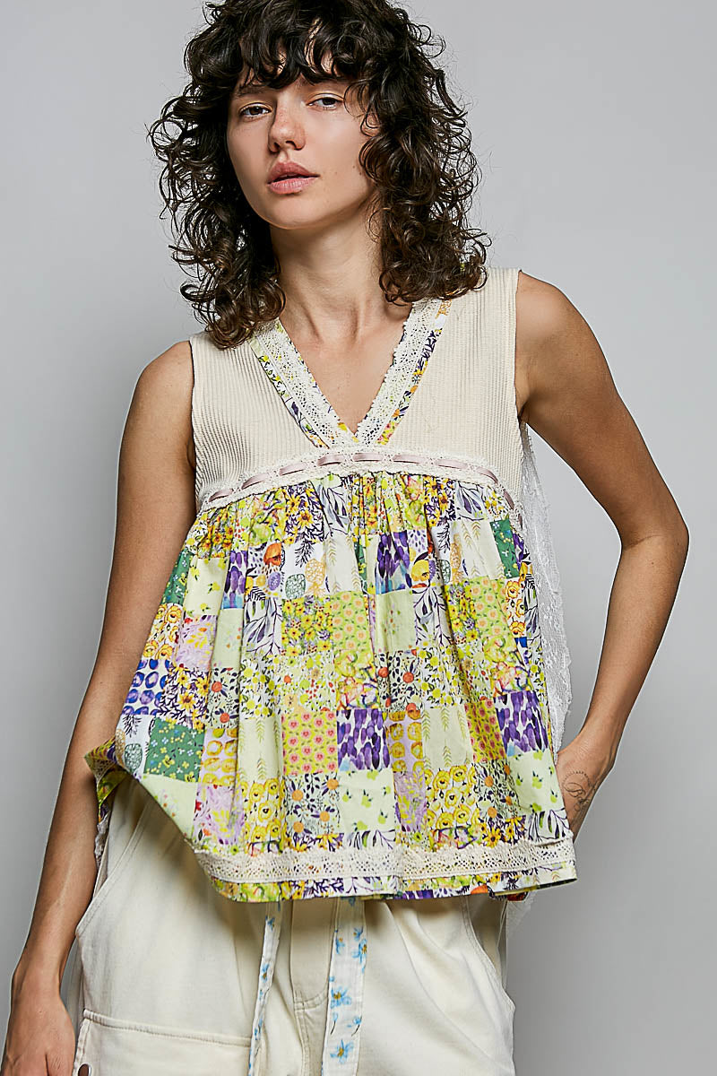 Floral sheer tank top with lace V-neck and gathered empire waist, vanilla cream | Tigbuls Variety