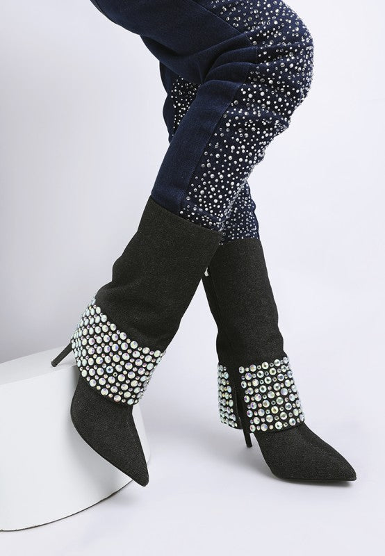 Basso Party Diamante Studded Stiletto Boots - Tigbul's Variety Fashion Shop