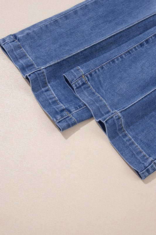 Beau Blue wide-leg jeans hem, cuffed ankle with stitched edge