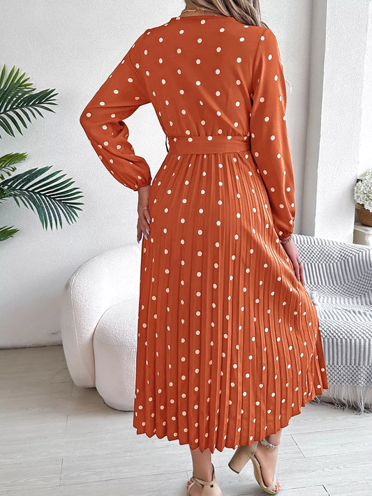 Front Tie Polka Dot Midi Pleated Dress - Tigbul's Variety Fashion Shop