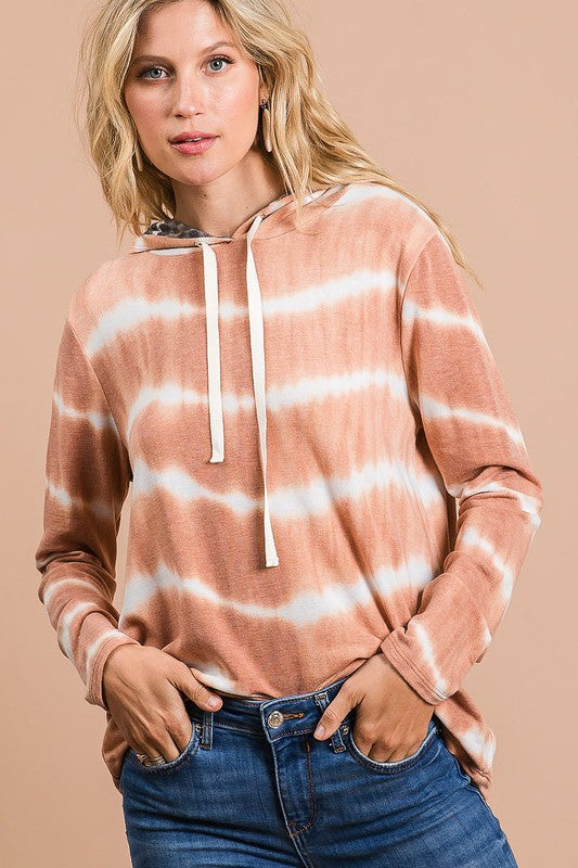 BiBi Tie Dye Stripe Terry Drawstring Hoodie With Leopard - Tigbul's Variety Fashion Shop