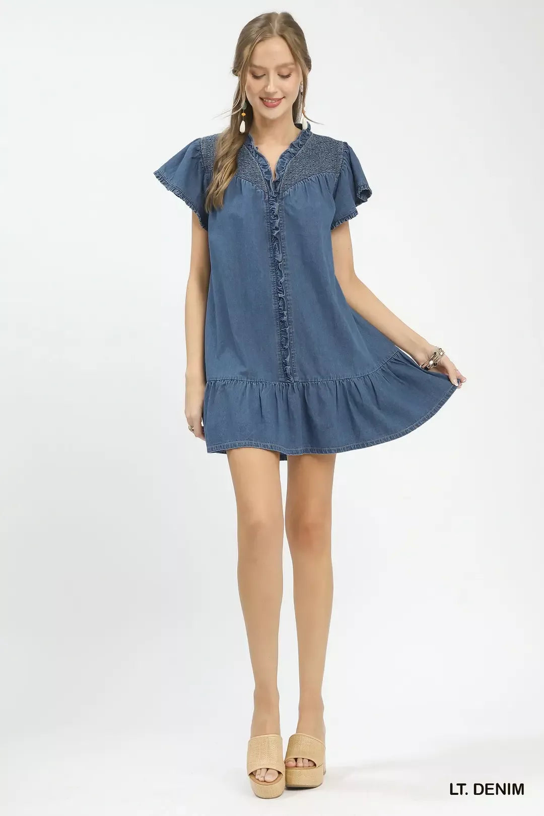 Washed denim ruffle dress, LT denim, short flutter sleeves and tiered mini hem
